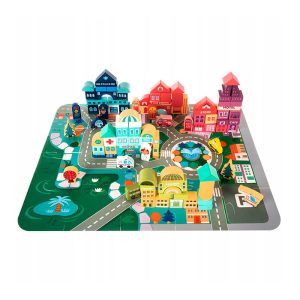 BlockCity, ένα σετ από μπλοκ διαφόρων σχημάτων με βολικό κουτί και ταπετσαρία παιχνιδιού