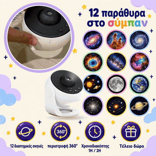 Πλανητάριο, ένας νυχτερινός προβολέας που δείχνει 12 διαφορετικούς τύπους γαλαξιών, αστερισμών και πλανητών